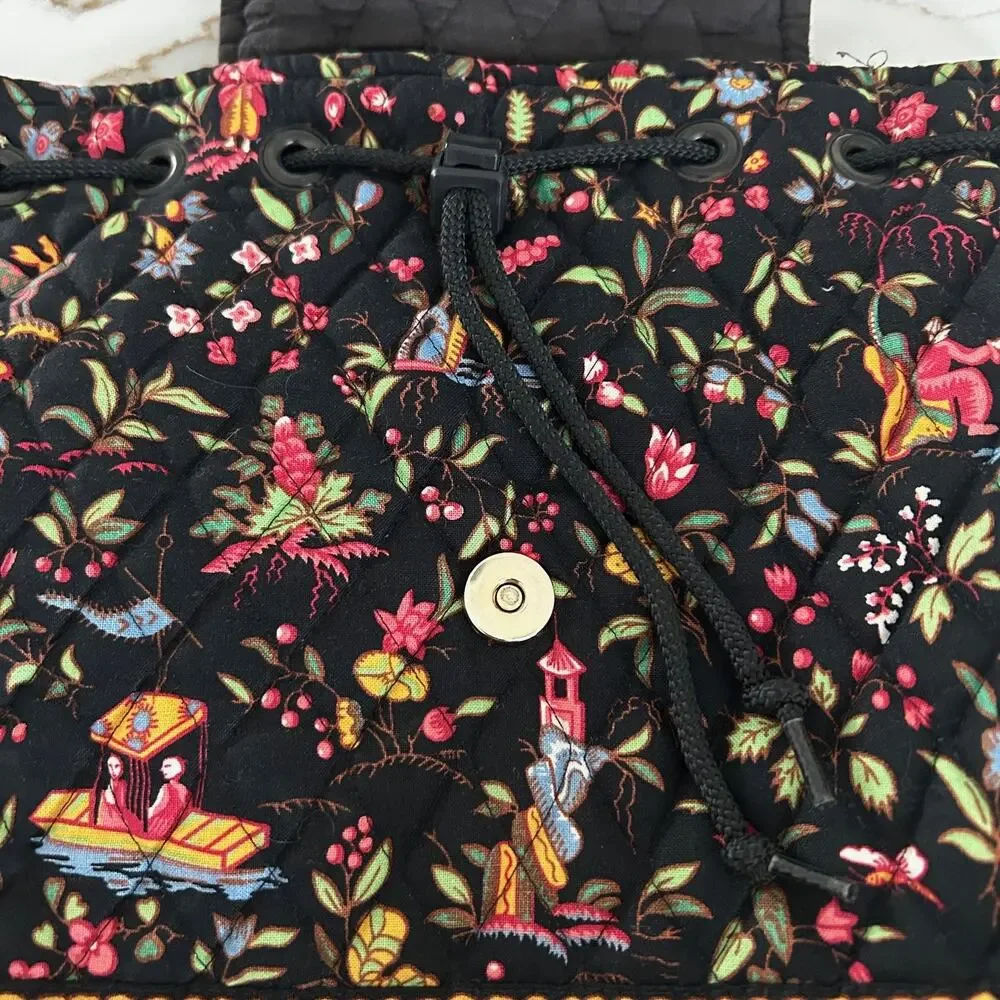 Vera Bradley Black Floral Cotton Backpack Medium Drawstring School Travel